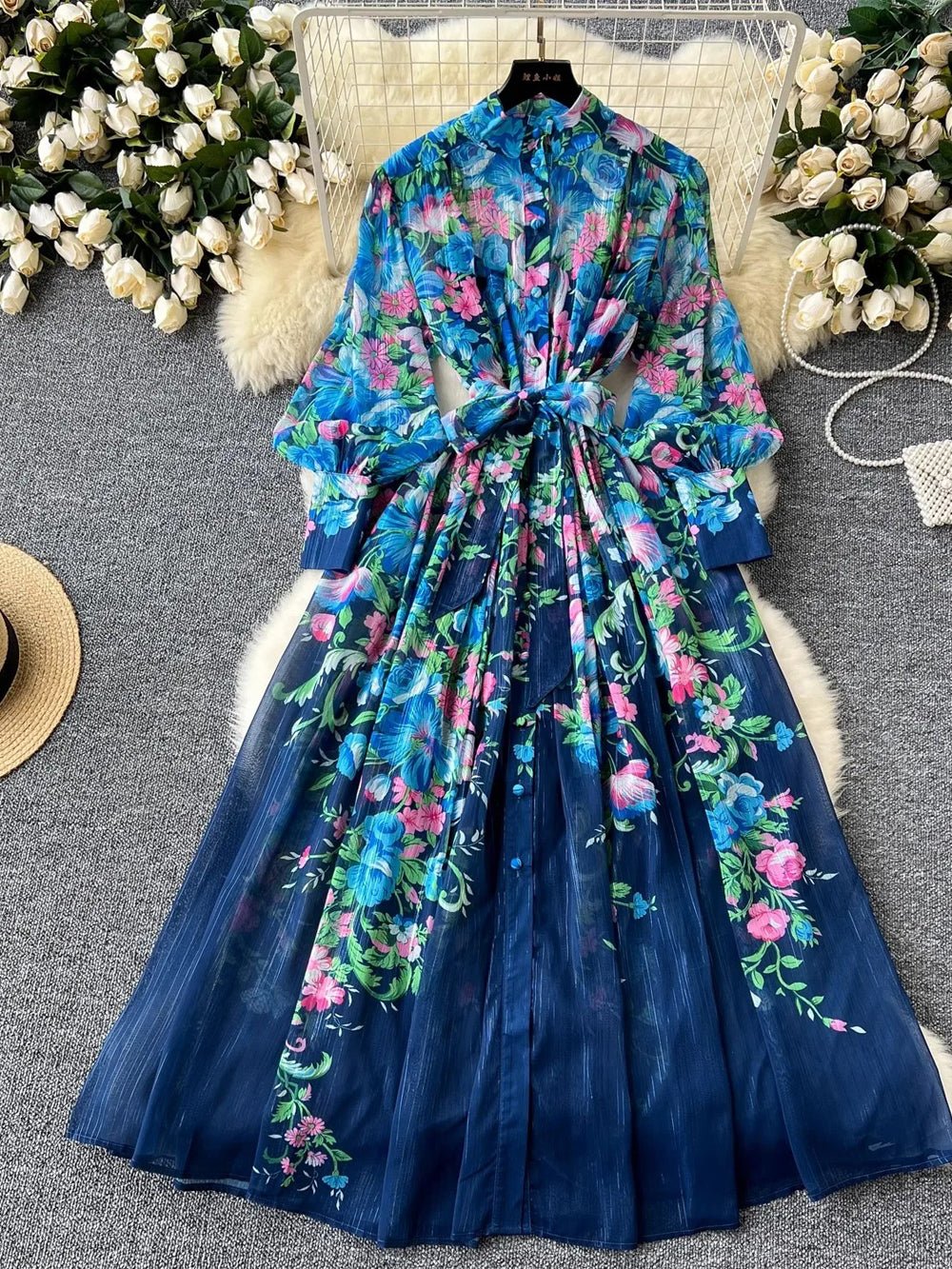 Victoria Chiffon Lantern Sleeve Midi Dress
