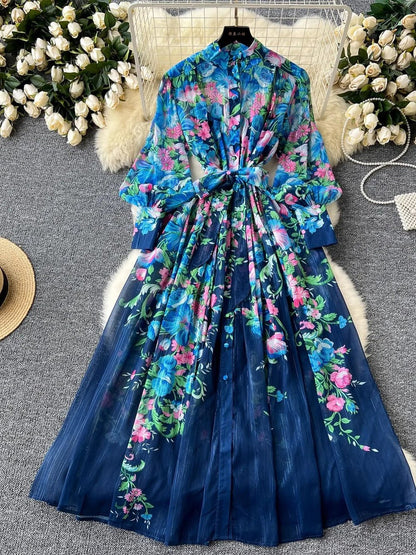 Victoria Chiffon Lantern Sleeve Midi Dress