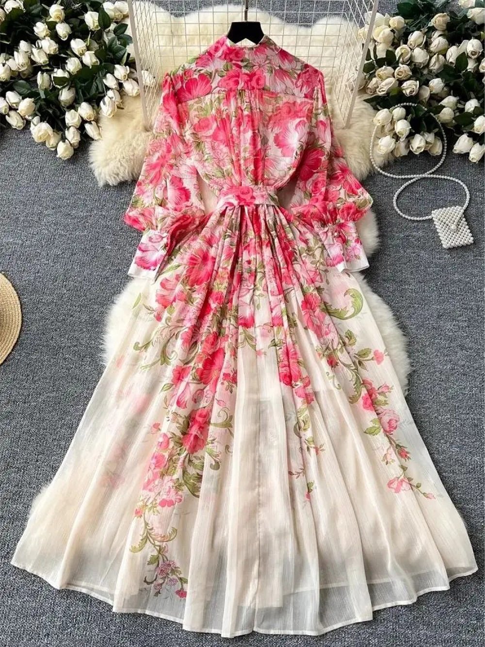 Victoria Chiffon Lantern Sleeve Midi Dress