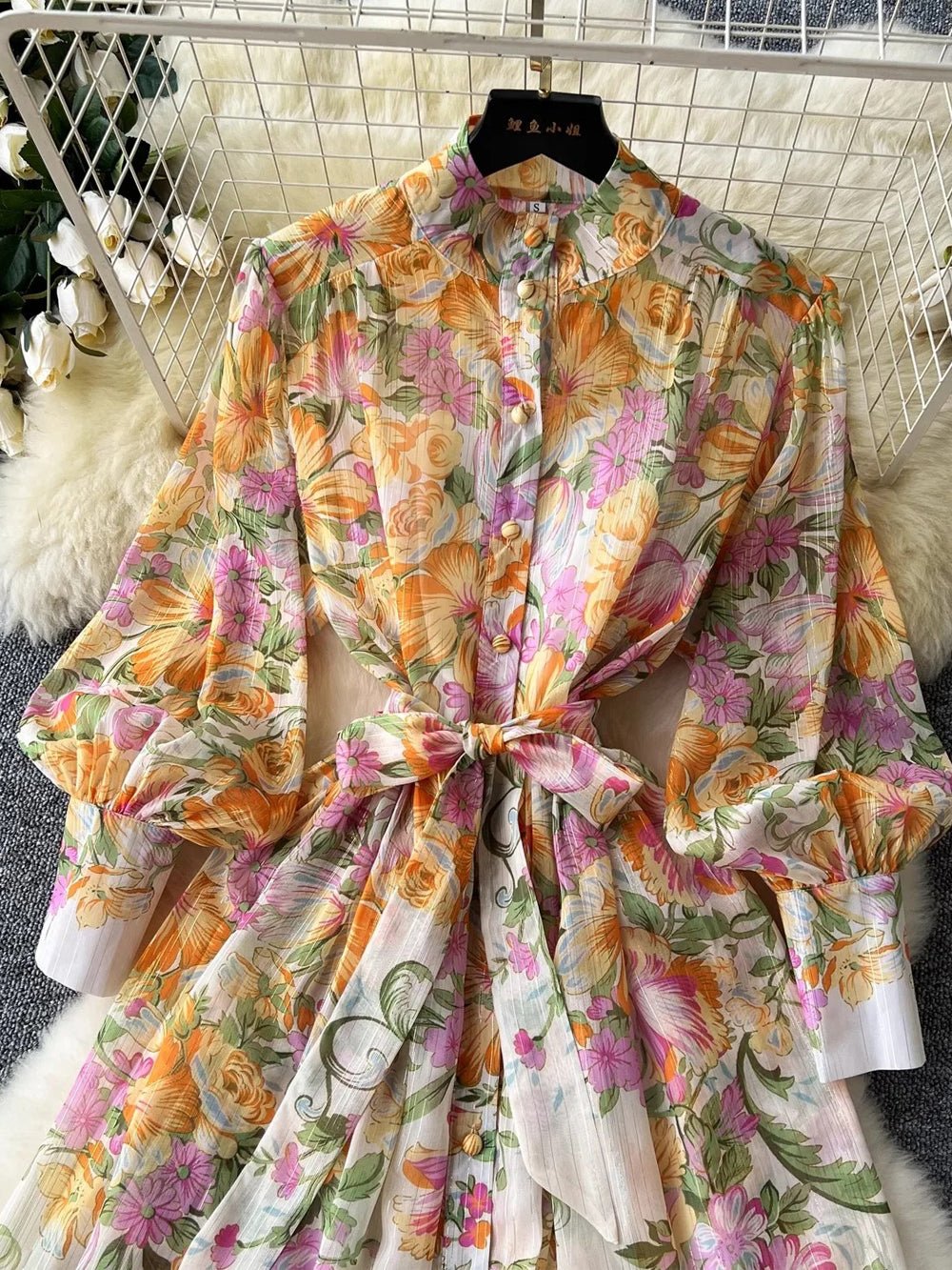 Victoria Chiffon Lantern Sleeve Midi Dress