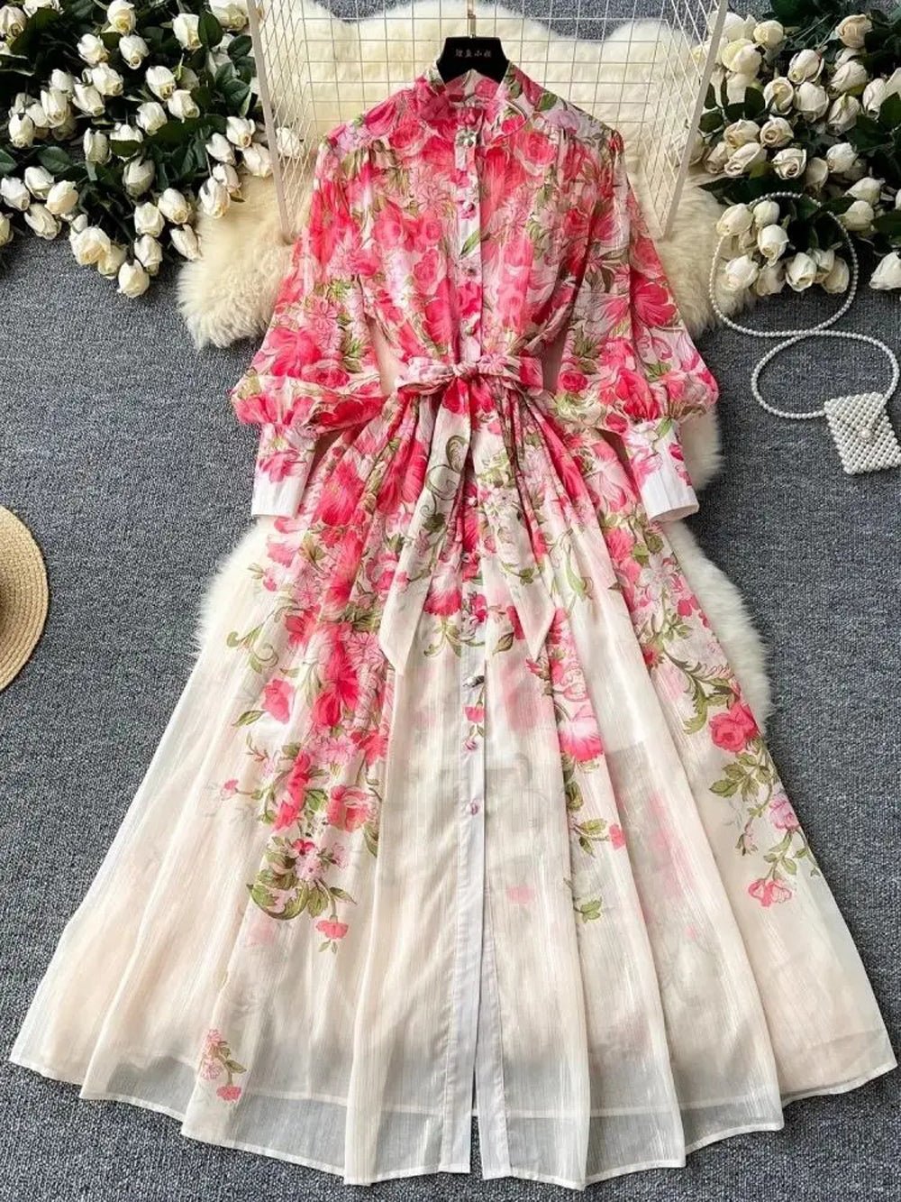Victoria Chiffon Lantern Sleeve Midi Dress
