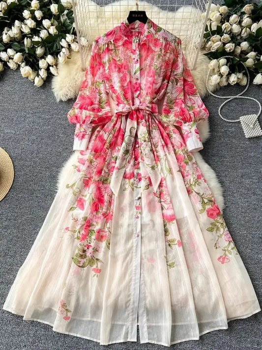 Victoria Chiffon Lantern Sleeve Midi Dress