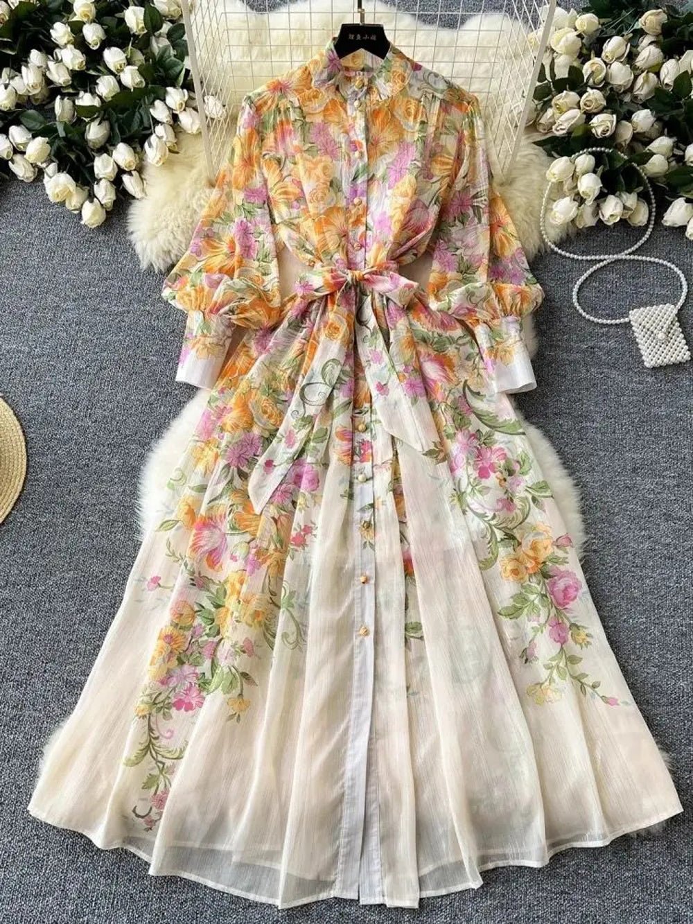 Victoria Chiffon Lantern Sleeve Midi Dress
