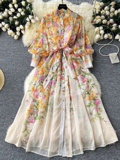 Victoria Chiffon Lantern Sleeve Midi Dress