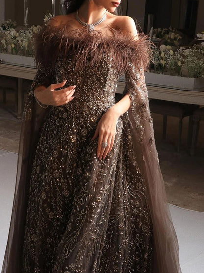Wren Off-Shoulder Feather Maxi Dress