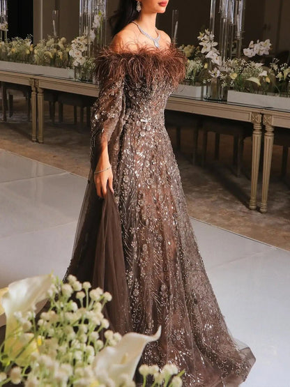 Wren Off-Shoulder Feather Maxi Dress